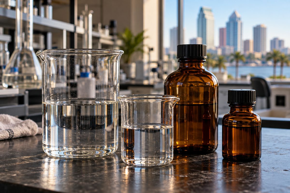 Borosilicate laboratory glass beakers and reagent bottles on inspection bench