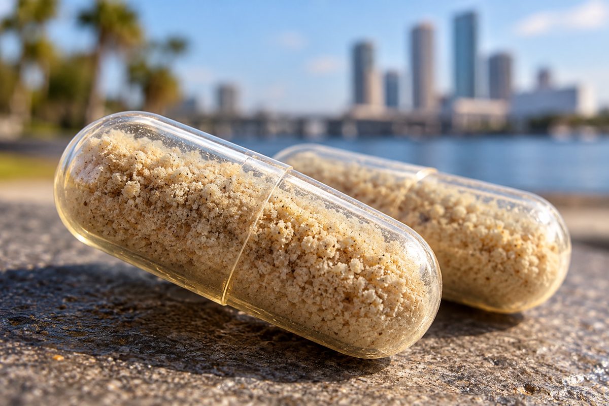 Macro detail of transparent vegetable capsule shells filled with dry botanical powder