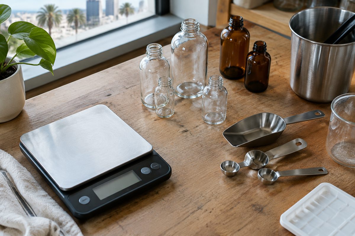 Stainless measuring scoops and amber glass bottles organized on a slate work surface
