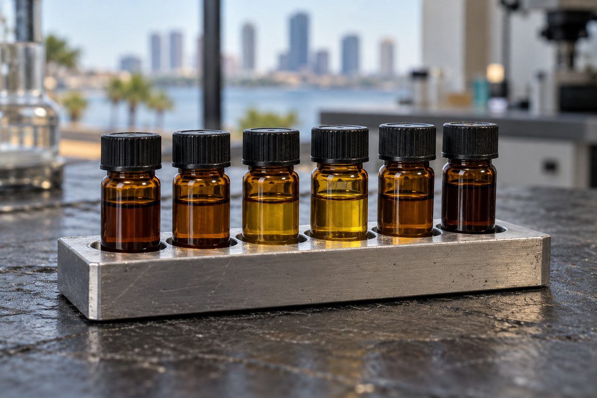 Numbered amber glass sample vials organized in an anodized aluminum rack