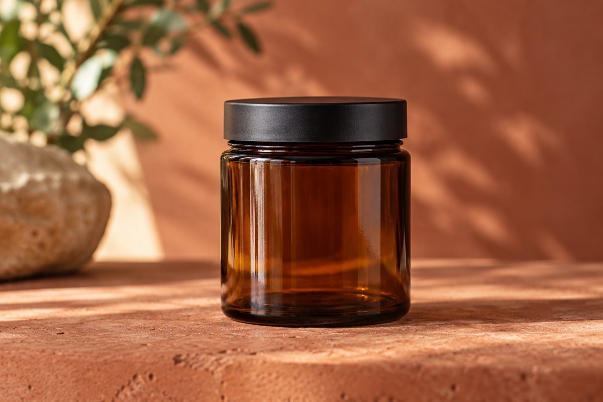 Front view of an empty amber glass supplement jar on a warm terracotta surface