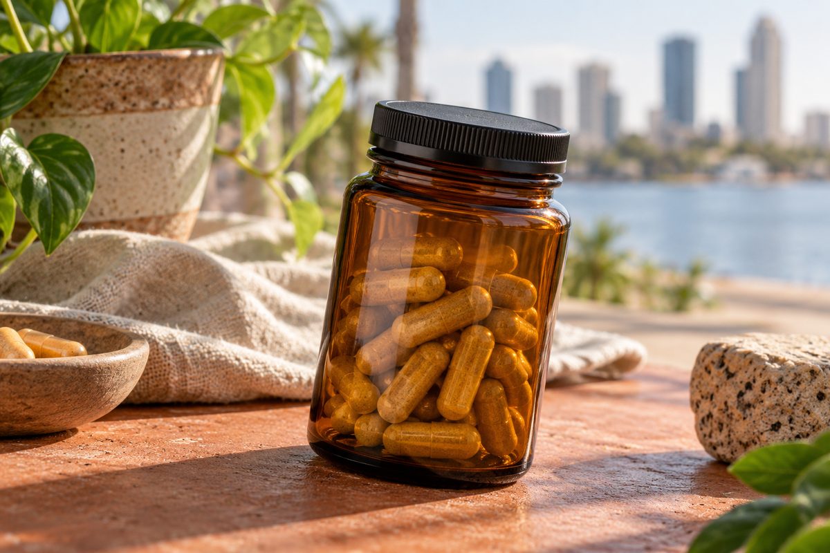 Three-quarter angle of an amber glass apothecary jar showcasing the clean cap seal