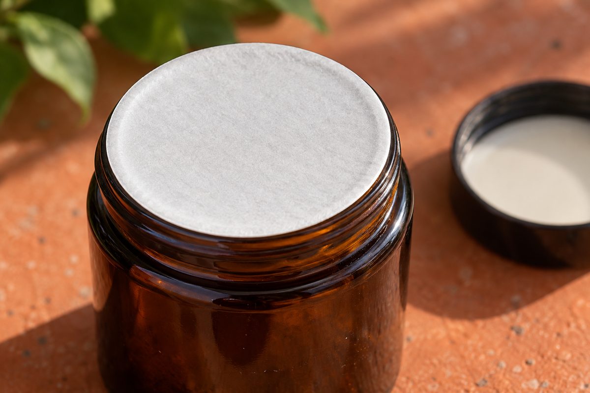Close-up view of an opened amber glass jar rim with intact safety induction seal