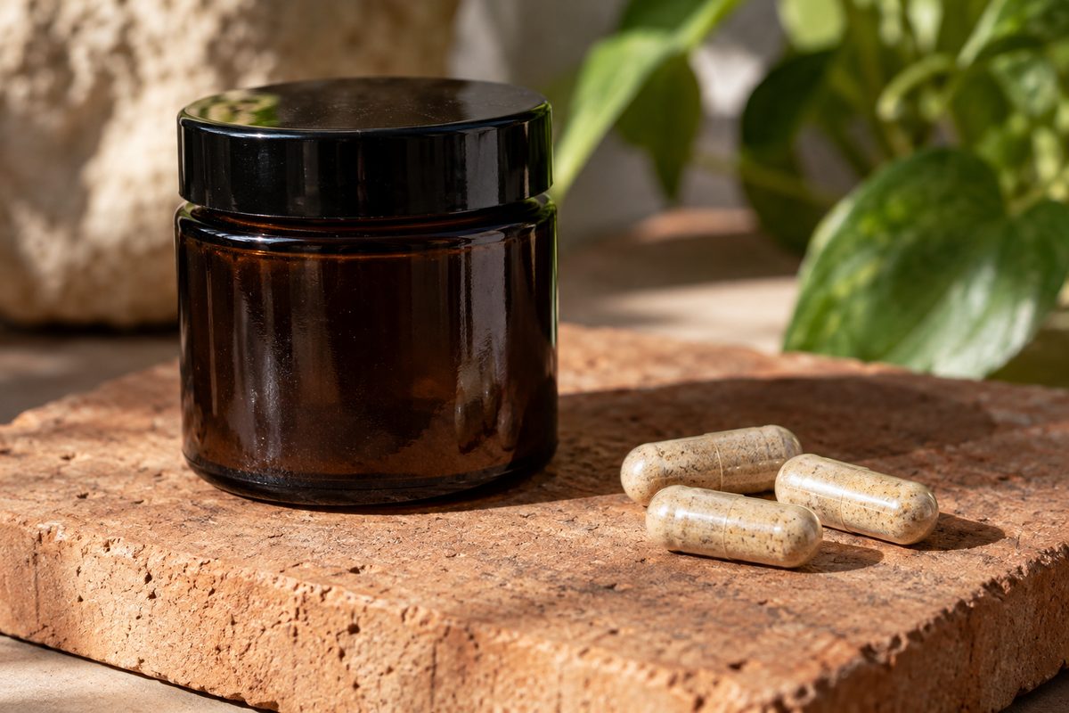 Amber glass jar alongside two clear vegetable capsules displaying natural mineral contents