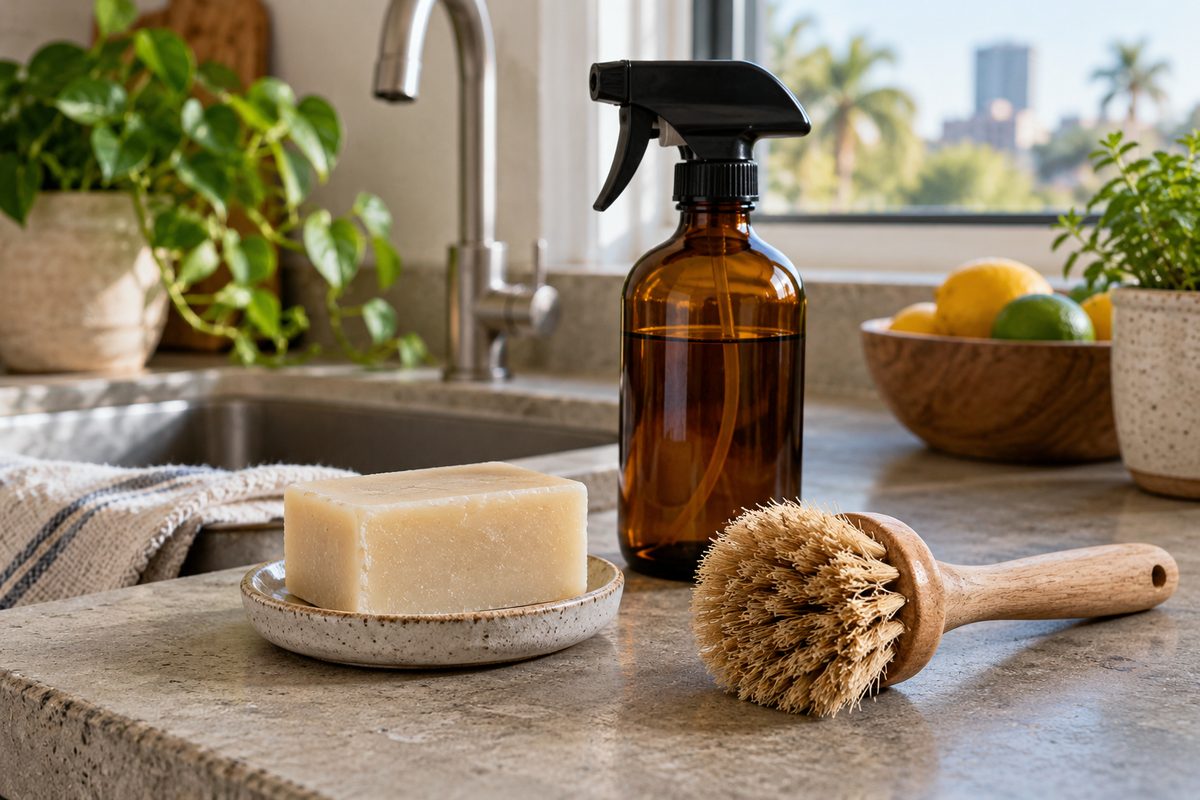 Amber spray bottle, mineral dish block, and sisal brush arranged on concrete counter