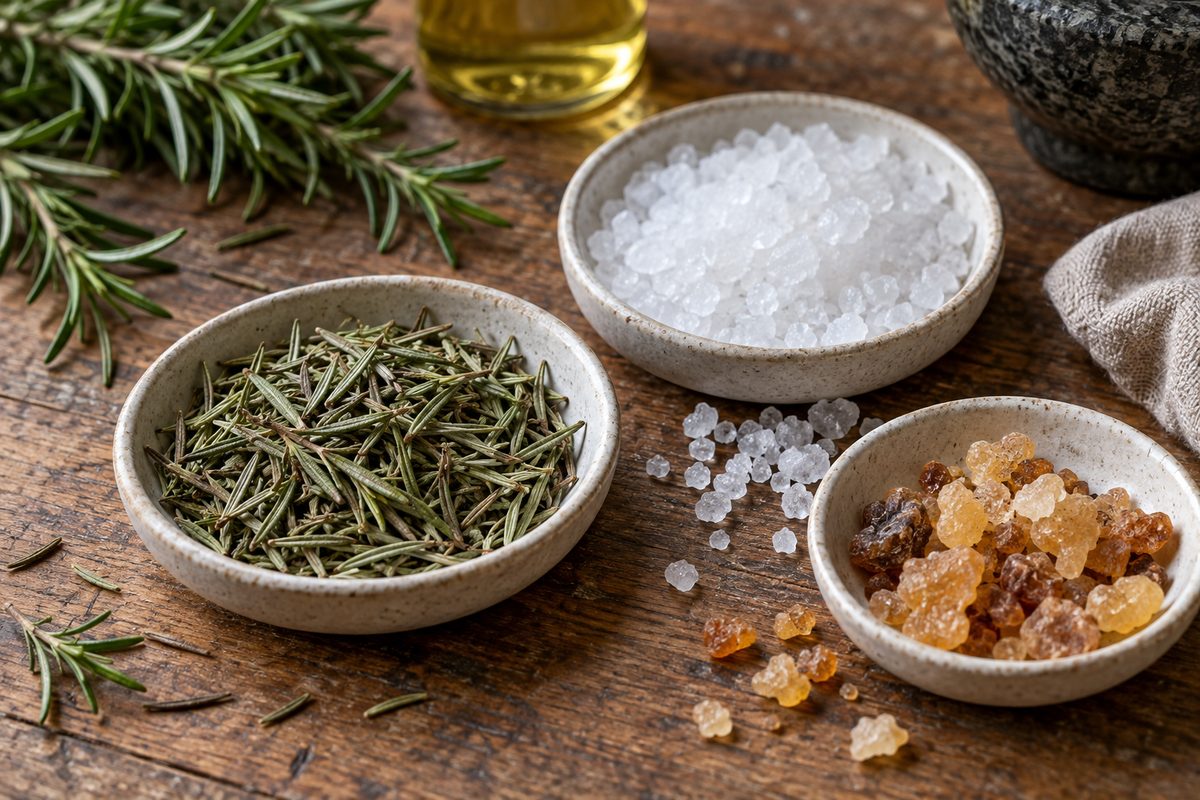Ceramic inspection trays holding whole botanical rosemary and crystalline mineral salts