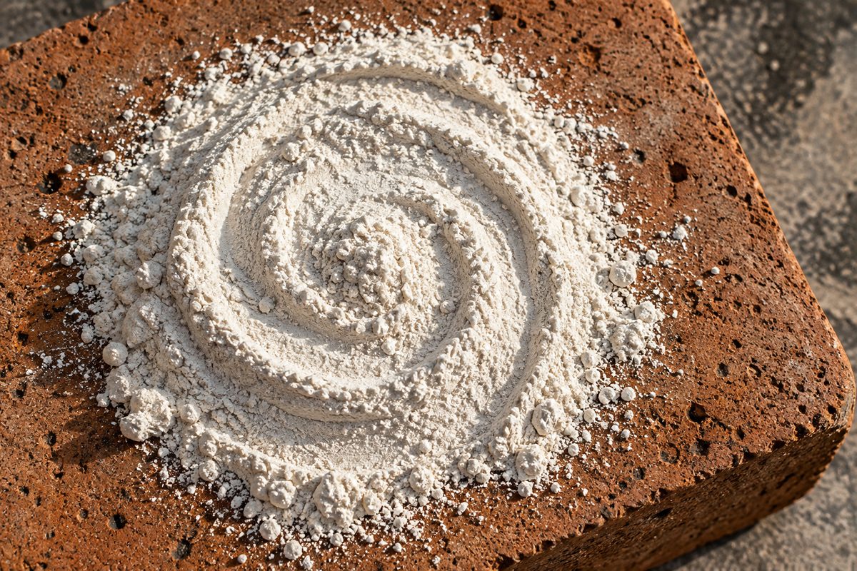 Macro texture of fine food-grade mineral powder spread evenly across a clay slab