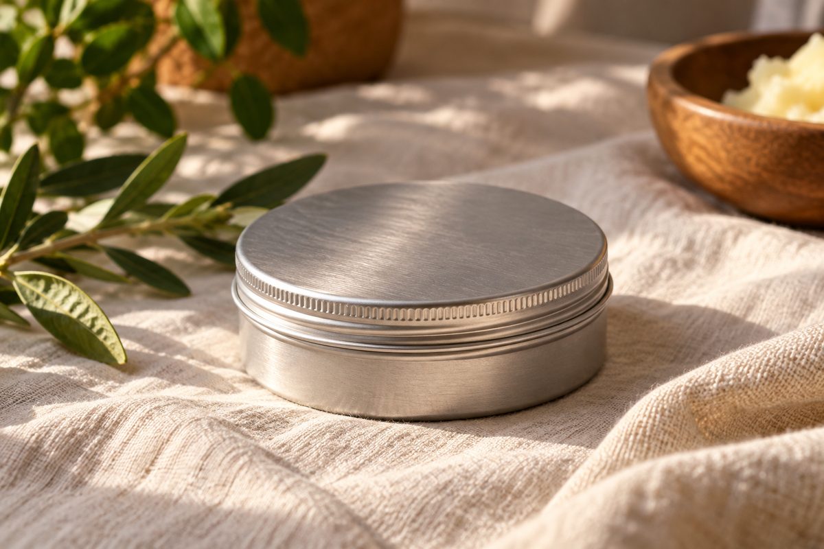Brushed metal round tin holding botanical calendula comfort salve