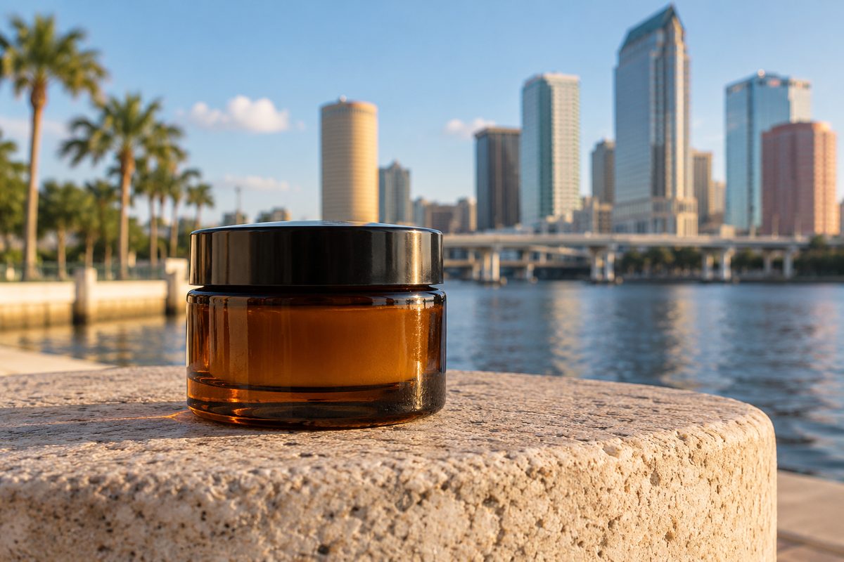Heavy amber glass cosmetic jar containing physiological ceramide barrier cream