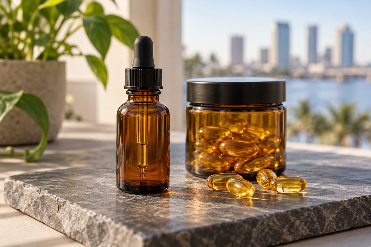 Dark glass packaging for vitamin D3 and K2 dietary supplement softgels