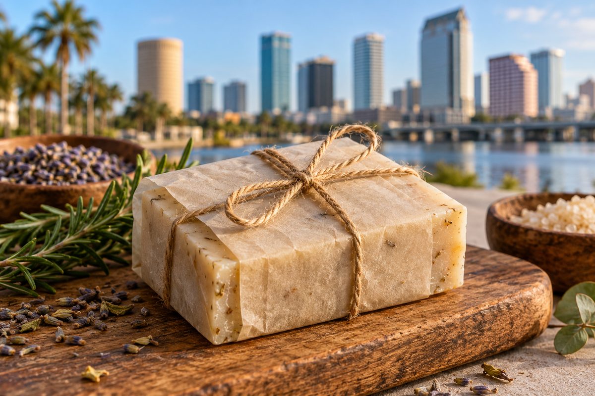 Rectangular solid dishwashing block wrapped in unbleached paper on a cutting board