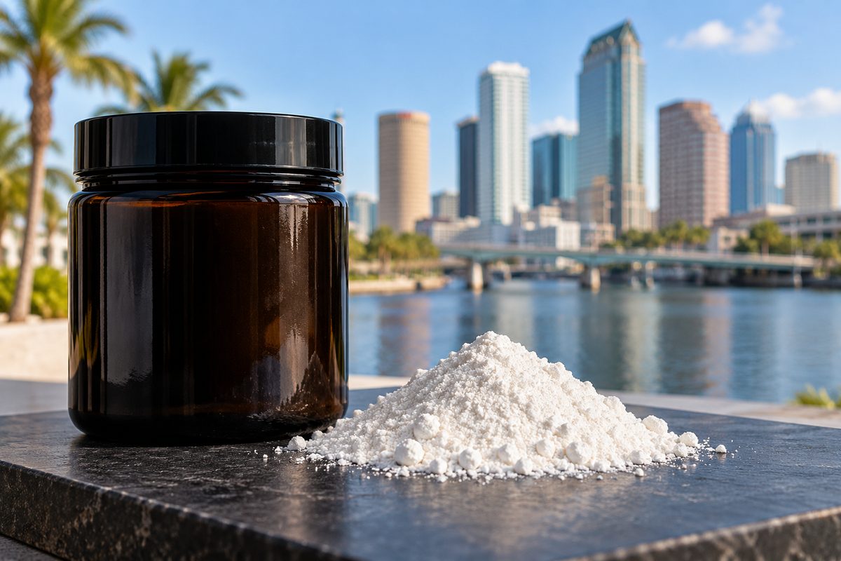 Dark glass container of fermented pure L-glutamine powder with sample mound