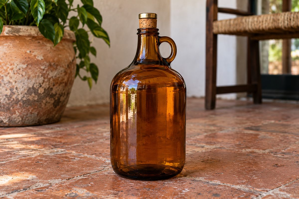 One-liter amber glass jug of botanical rosemary linen rinse with natural cork stopper