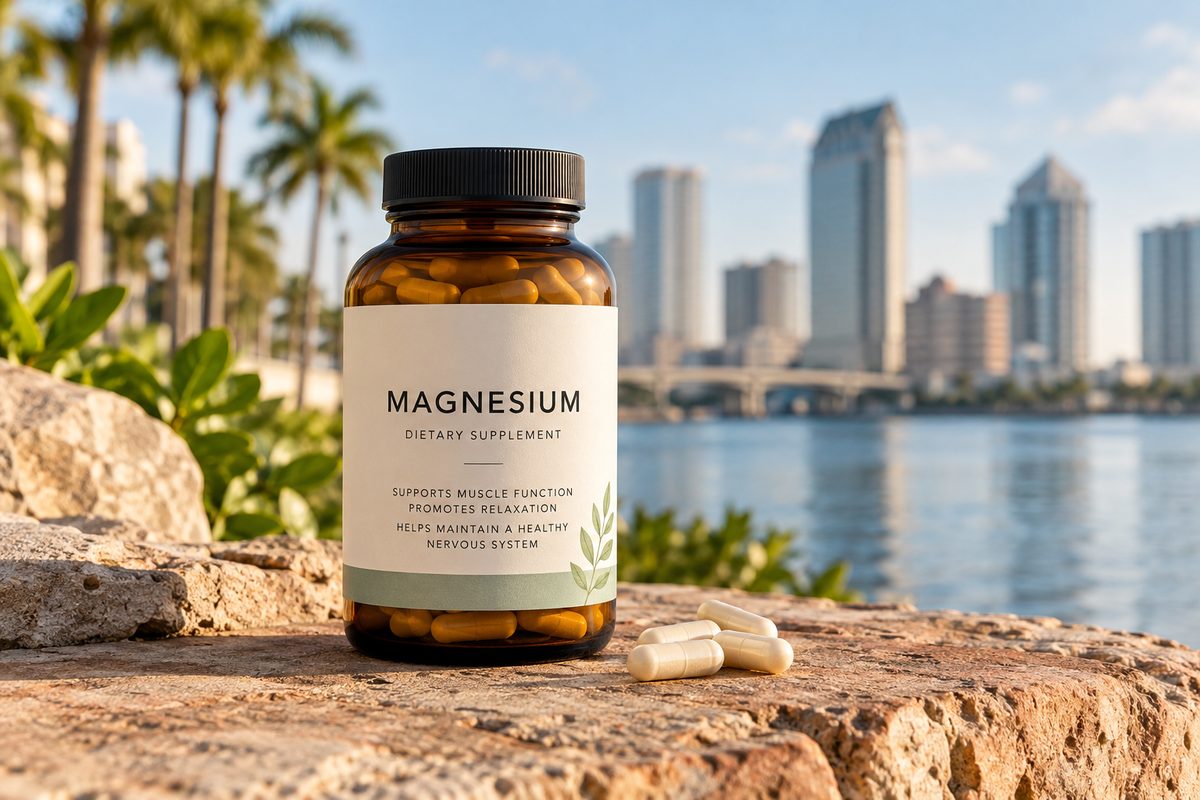 Amber glass bottle of magnesium bisglycinate chelate capsules on textured terracotta stone