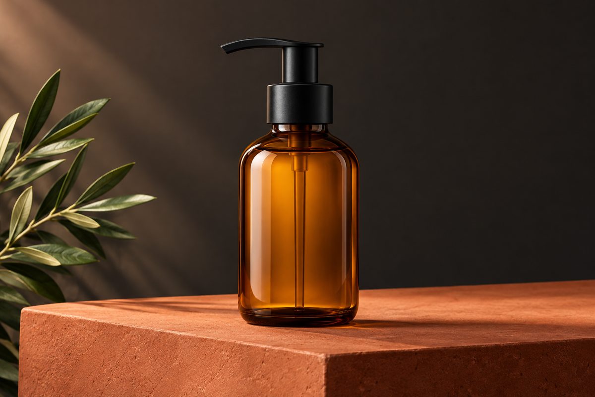 Amber glass lotion bottle with pump dispenser for urea smoothing body emulsion