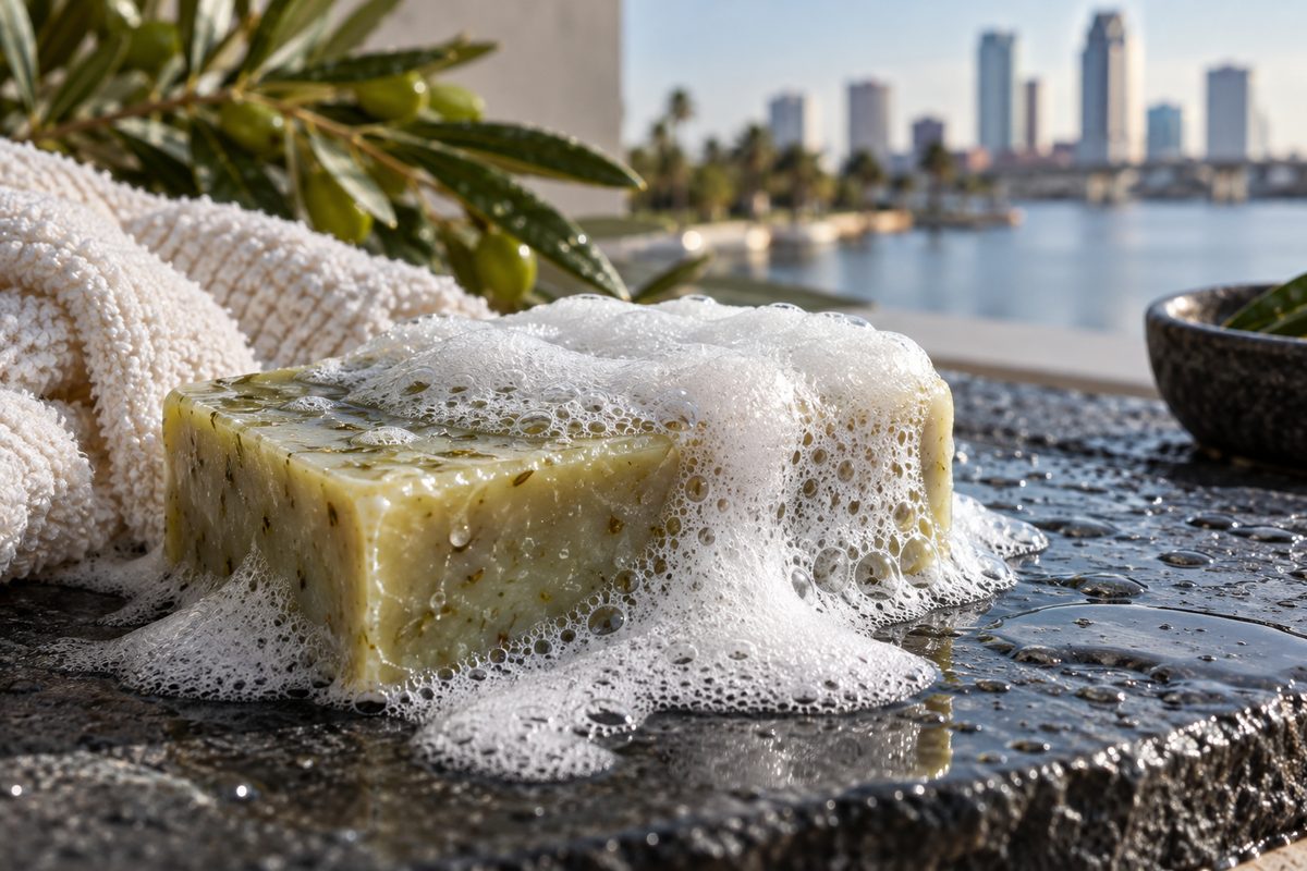 Dense creamy foam from olive oil soap resting on a dark slate surface