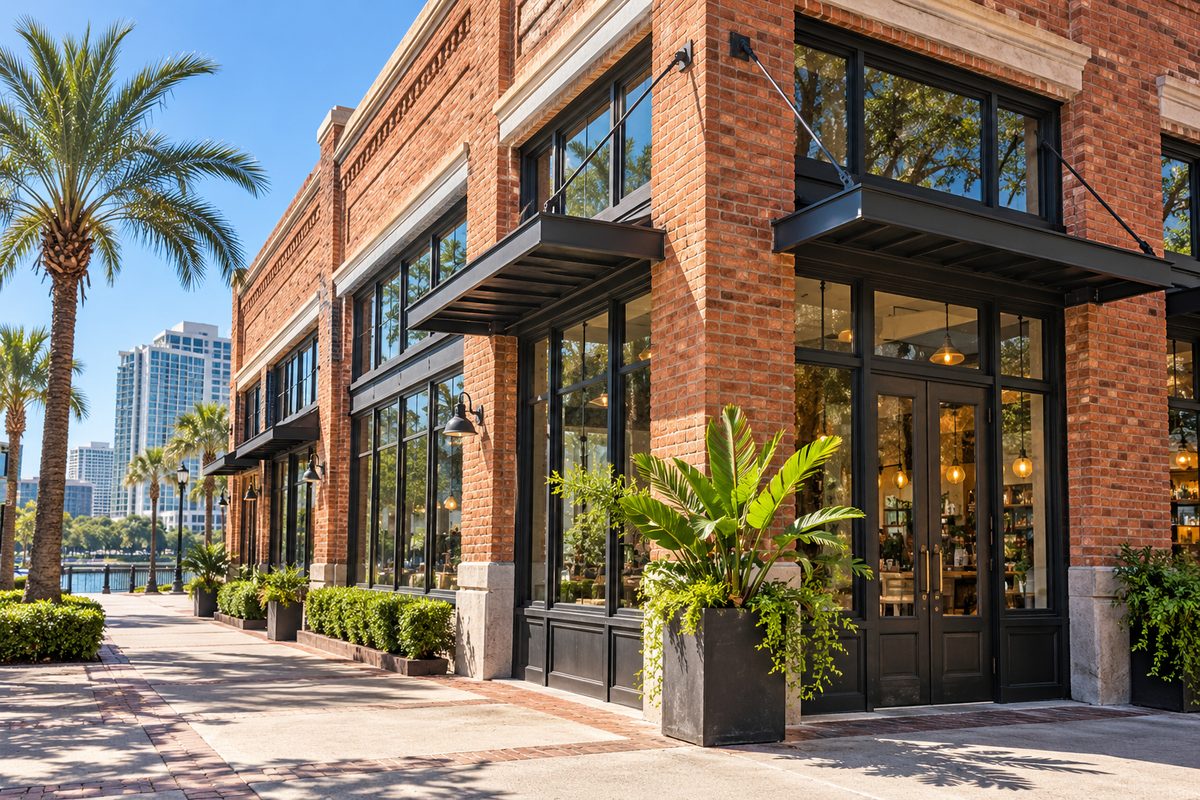 Brick commercial storefront facade on West Platt Street in Tampa Florida