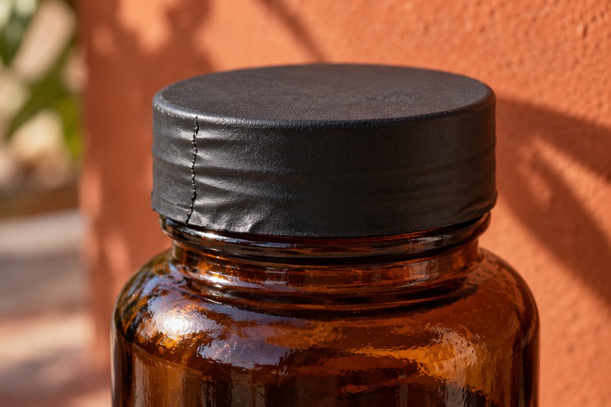 Tamper-evident seal band secured firmly over the cap of an amber glass jar